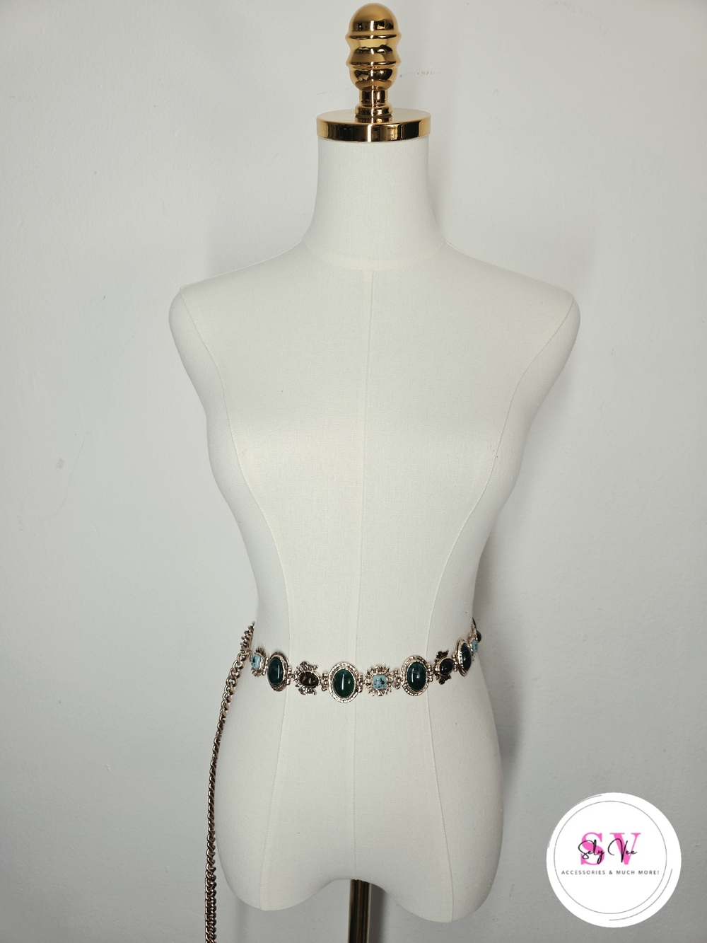 Green and blue gemstone gold chain belt